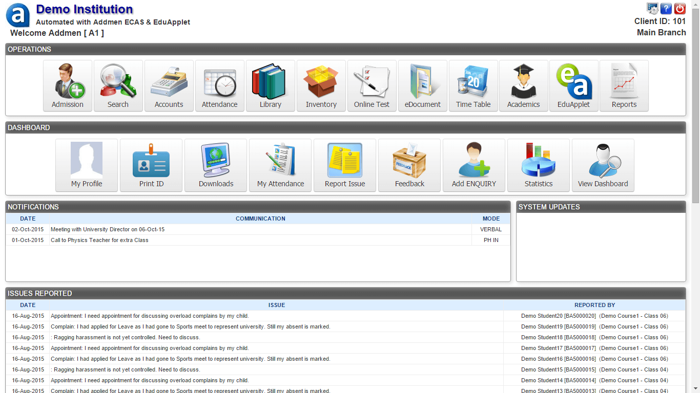 Administrator Dashboard of Institute Management Software