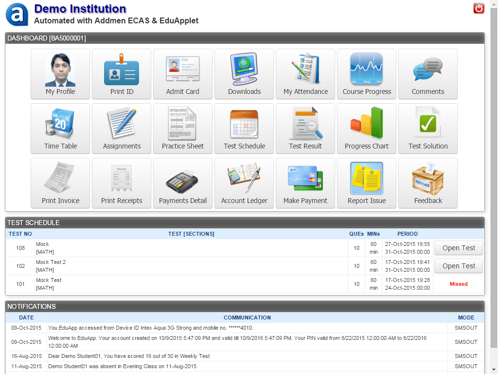 Screenshot of Student Dashboard in Institute Management System