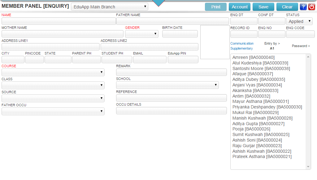 screenshot of the limited fields of the Enquiry Registration Form