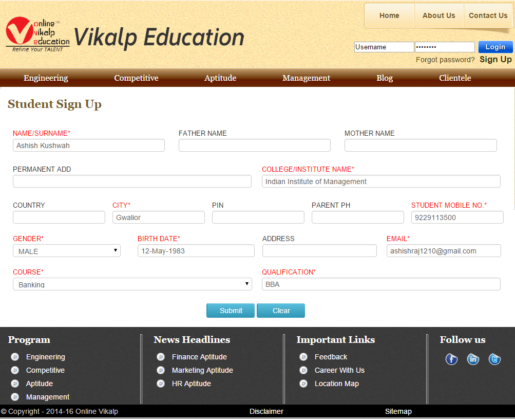 Screenshot of the Online Enquiry registration of ECAS integrated with the website