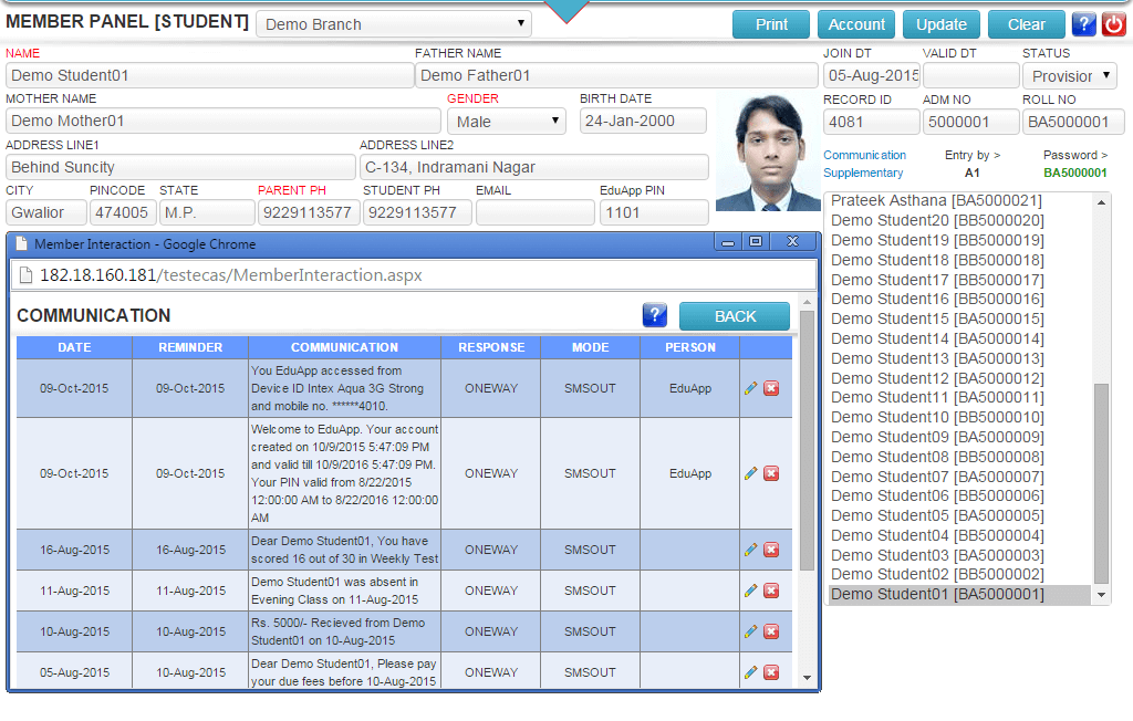 Screenshot of Student Comminication Interface in ECAS