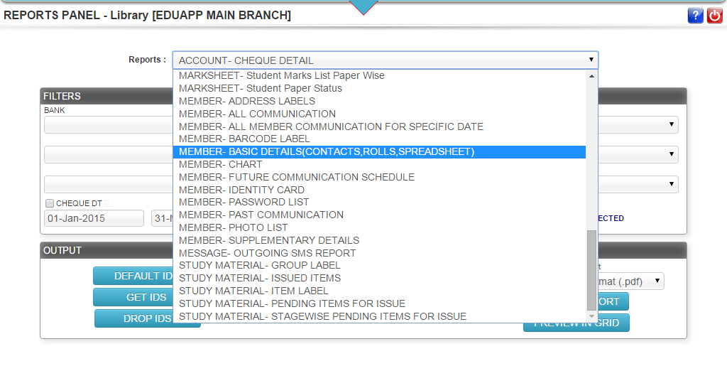 Screenshot of Report Specific Search Filters