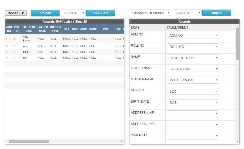 Screenshot of Data Import and Export