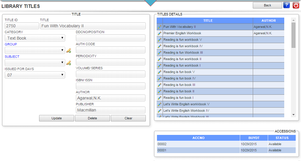 Screenshot of Dashboard Library Titles Management Panels in ECAS