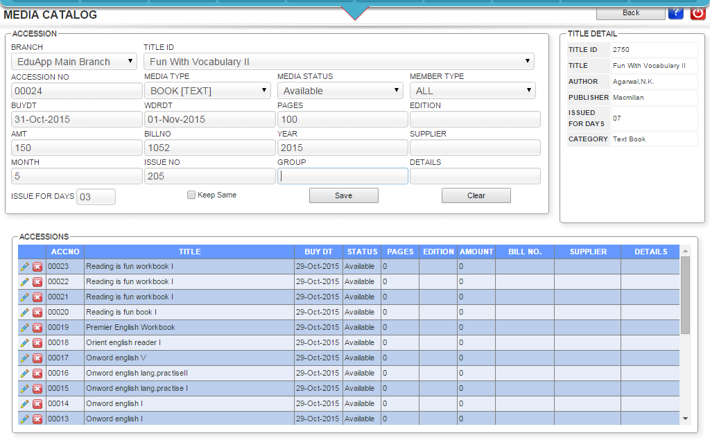 Screenshot of Dashboard Library Management Panels in ECAS