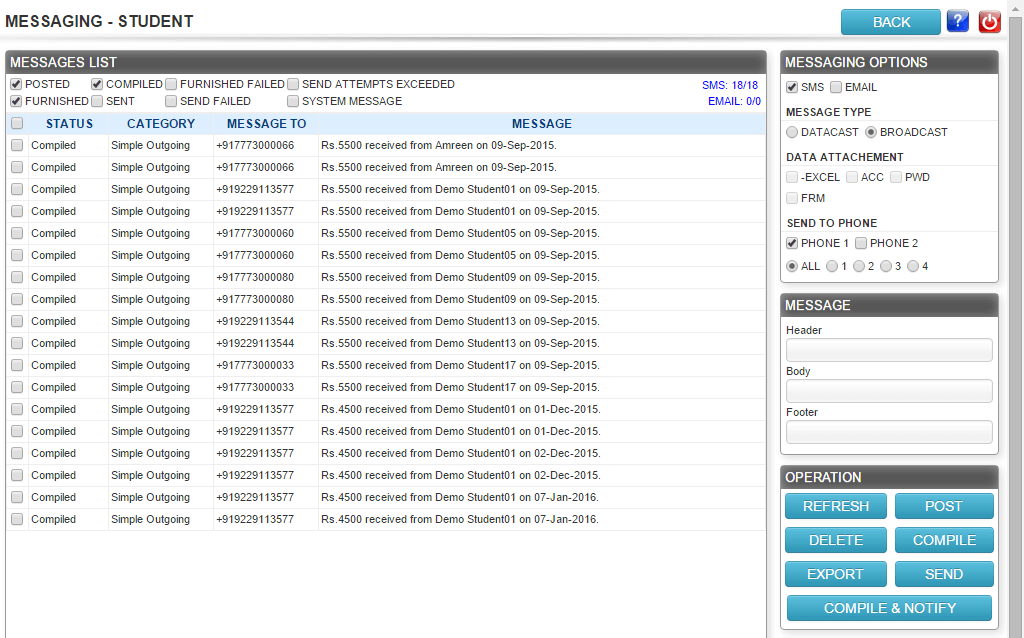 Screenshot of SMS and Email Messaging in ECAS