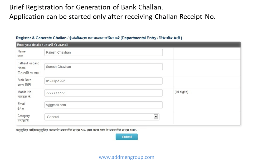 Online Application with Post Application Payment Through Bank Challan