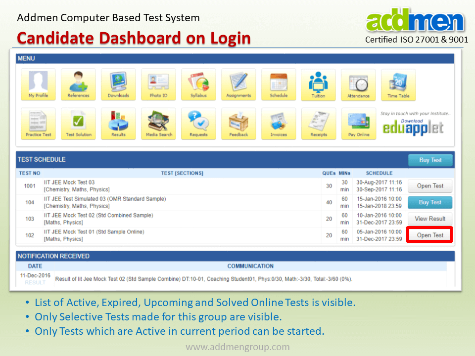 Screenshot of List of Active, Expired, Upcoming and Solved Online Tests