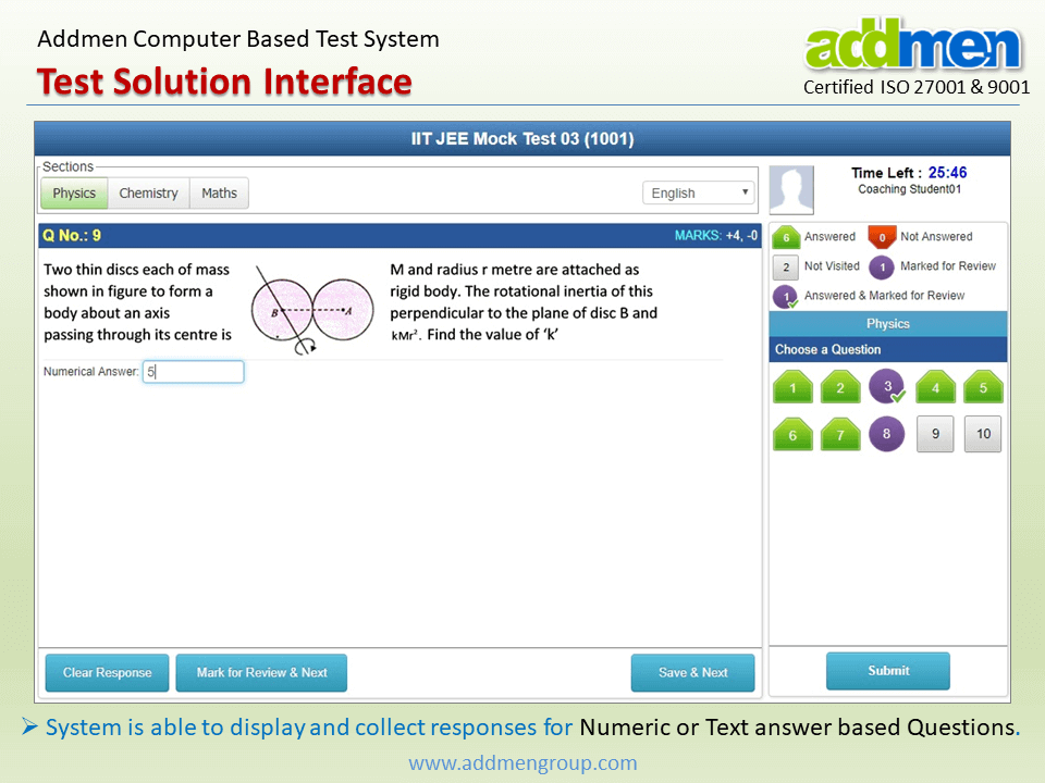 Screenshot of Numeric or Text Answer Based Questions Interface For Online Tests