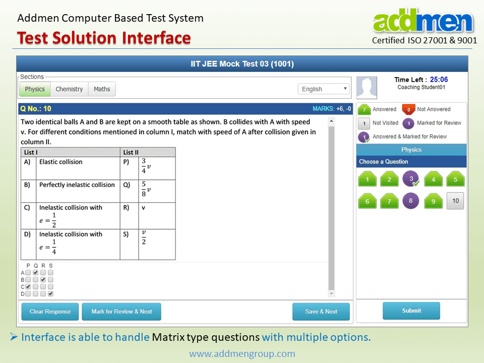 Screenshot of Matrix Type Questions Interface for Online Tests