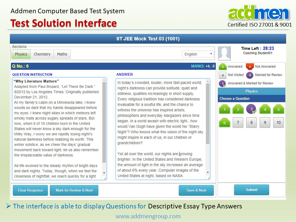 Screenshot of Descriptive Essay Type Answers Interface for Online Tests