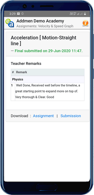 Screenshot of Final Submitted Assignments in Android APP