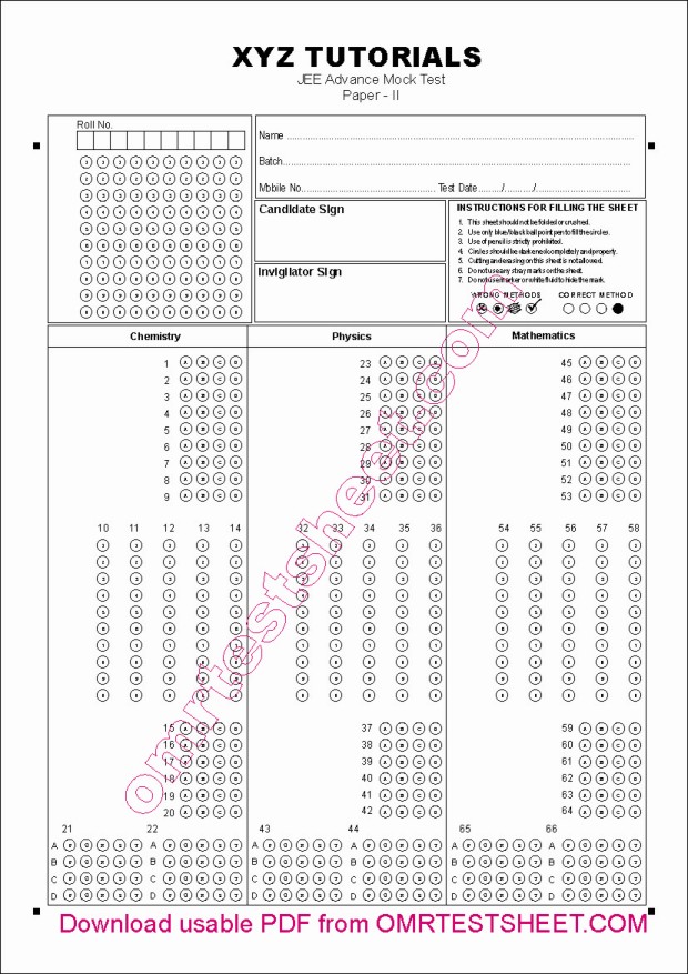 OMR Answer Sheet MCQ Integer Matrix