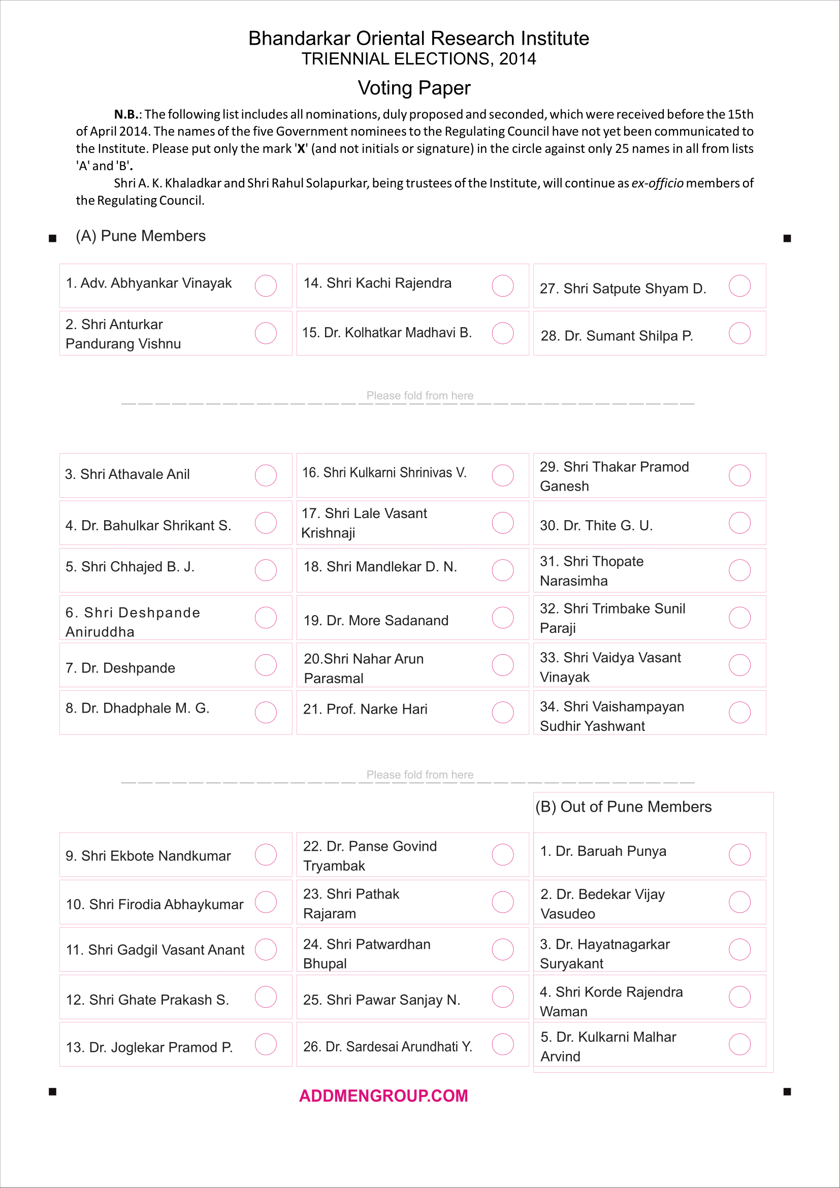 Organisational Elections OMR Ballot Paper