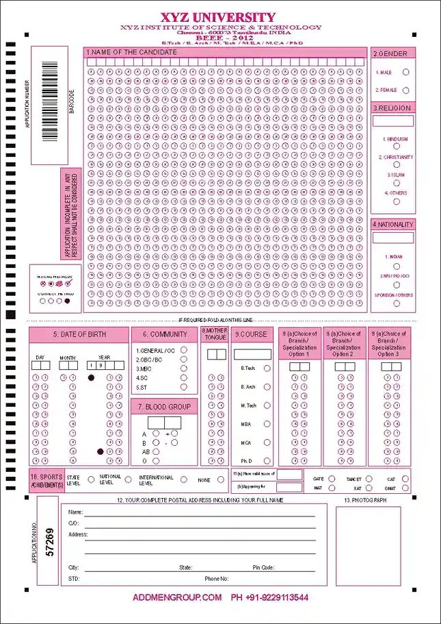 OMR Application Form Sample University