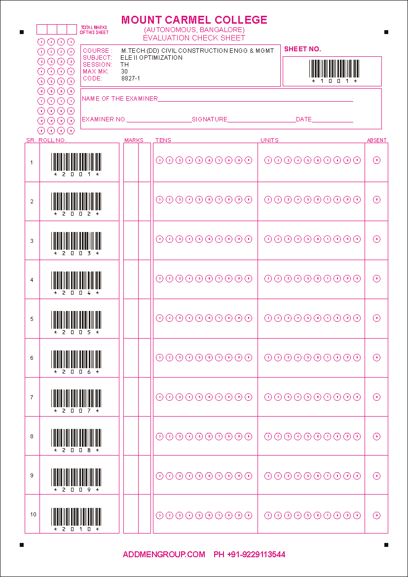 University OMR Sheet Mount Carmel Bangalore