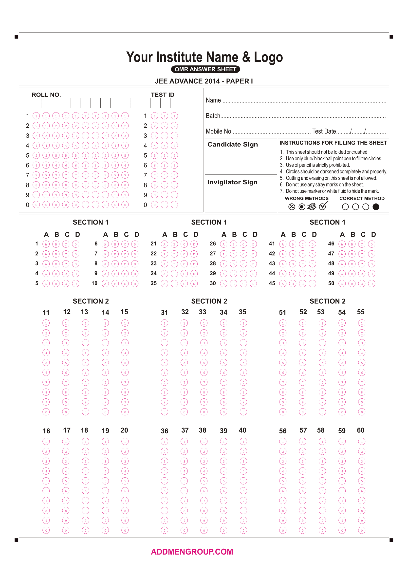 OMR Design Sheets With Integer Type MCQ Block