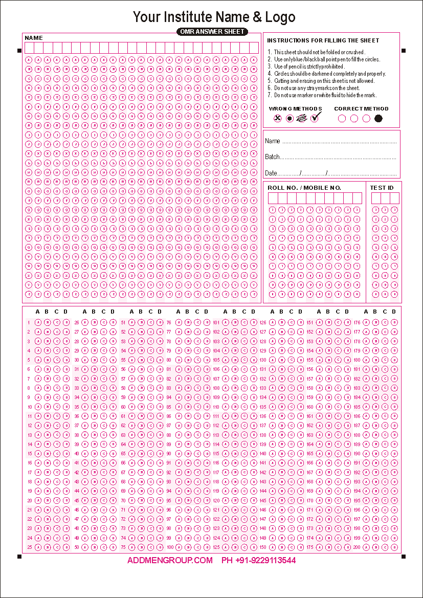 OMR Test Sheet MCQ OMR Sheet OMR Sheet Download