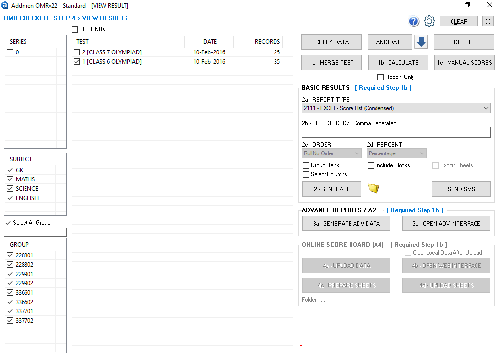 Screenshot of result interface, showing all tests for class 6 with all state, all cities, all schools