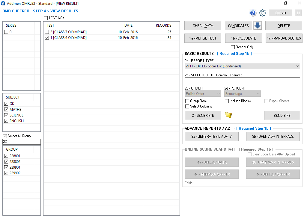 Screenshot of result interface, showing all tests for class 6 for state 22, all cities and all schools