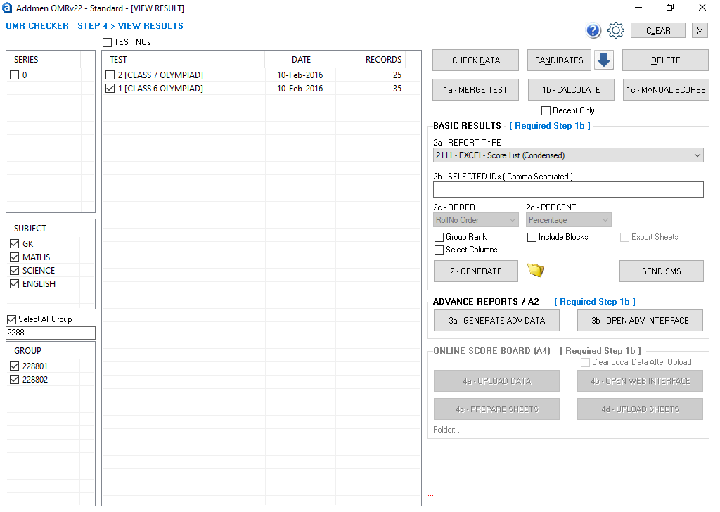 Screenshot of result interface, showing all tests for class 6 for state 22 and city 88, all schools