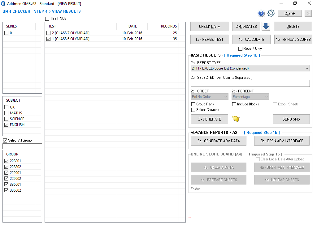 Screenshot of result interface, showing all tests for class 6 with all state, all cities, all schools for ENGLISH