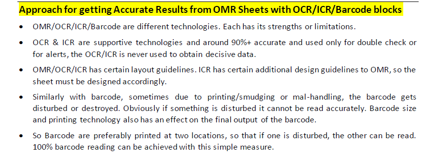 Approach for Getting Accurate Results from OMR Sheets with OCR/ICR/Barcode Blocks