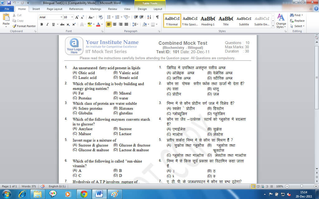 Screenshot of The Bilingual Word File Output Obtained From Question Bank Software